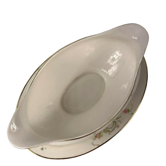 Pope Gosser Gwendolyn Gravy Boat Underplate Pink Roses Gray Scrolls Vintage - Picture 9 of 12